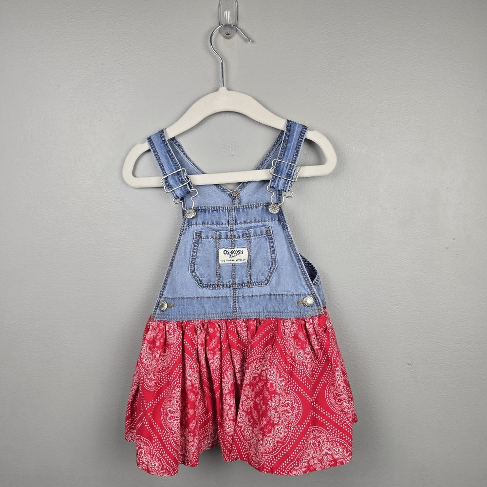 OshKosh B'gosh Baby Overall Dress Denim Red Paisley Bandana Skirt Toddler‎ 18M
